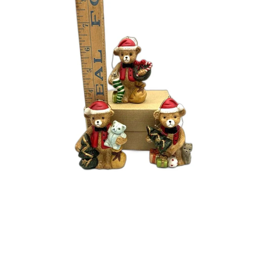 Vintage Christmas Bears In Santa Hats Set Of 3 Ceramic Ornaments